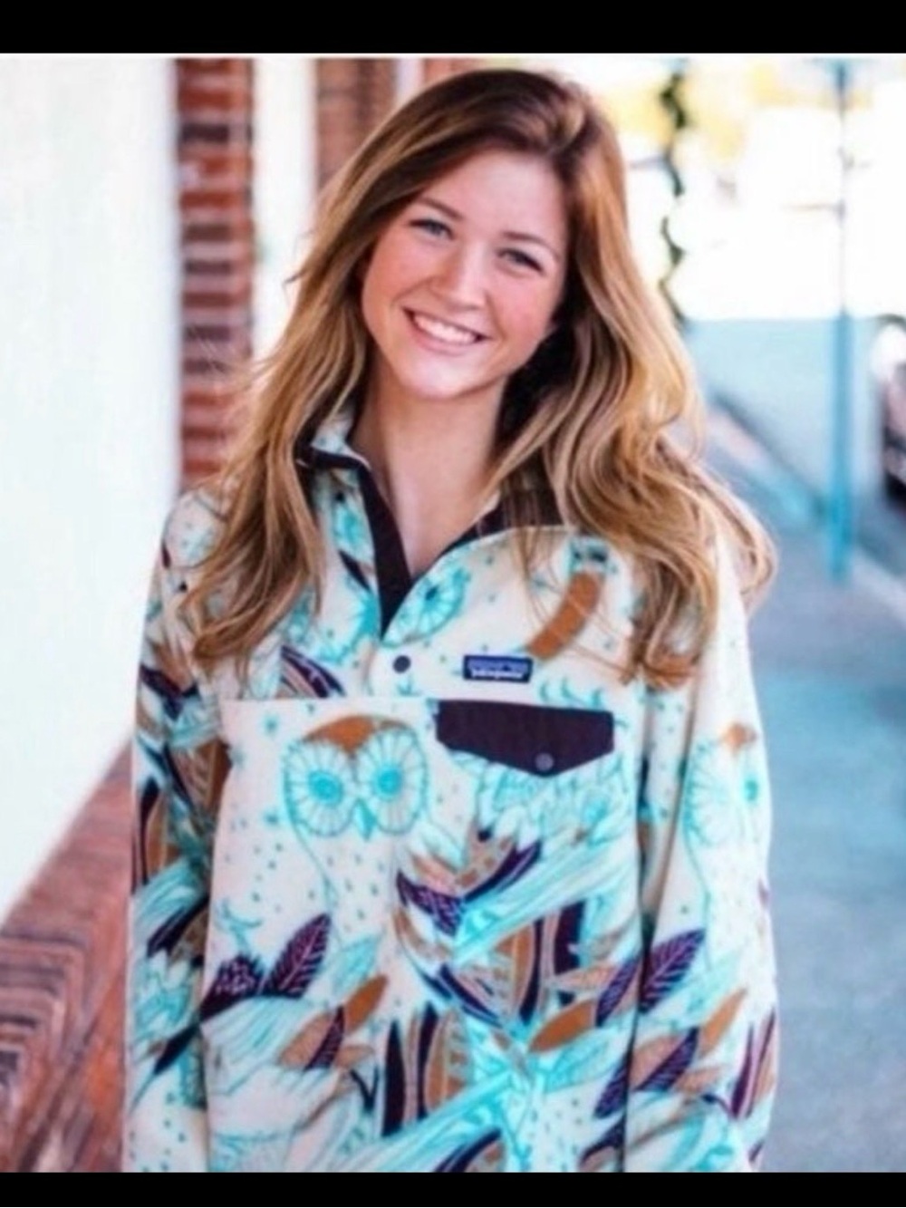 Patagonia Owl Print Fleece Pullover - Teal, Cream & Brown